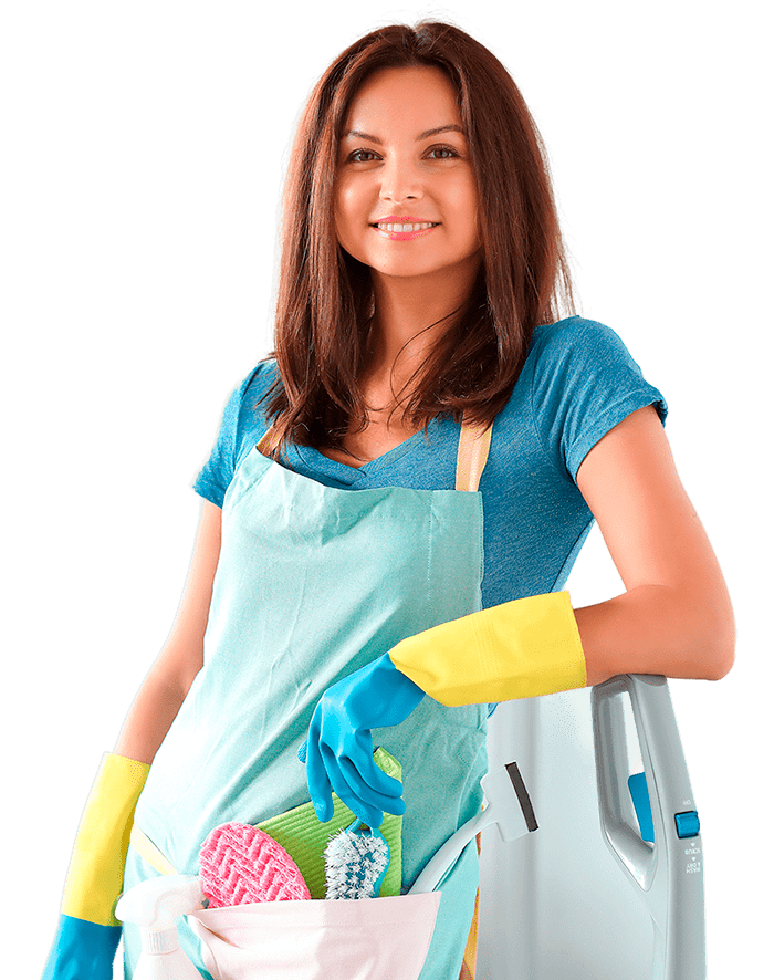Professional cleaning services: A well-equipped cleaner tidying up a modern living space, ensuring a spotless and organized home environment.