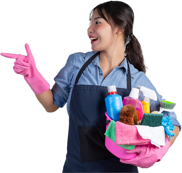 Professional cleaning services: A well-equipped cleaner tidying up a modern living space, ensuring a spotless and organized home environment.